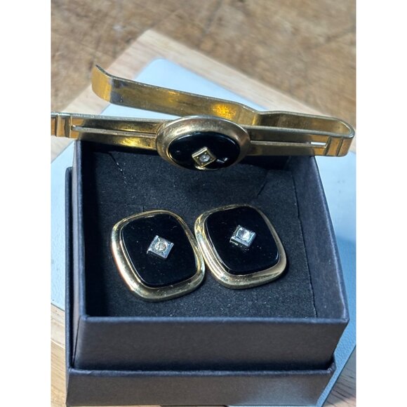 Vintage Anson Gold & Black Cufflinks With Tie Clip Set-NOTE PICS - Picture 13 of 13